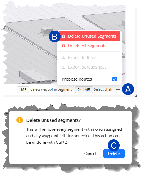 Menu options for deleting unused segments and confirmation dialog in software interface.